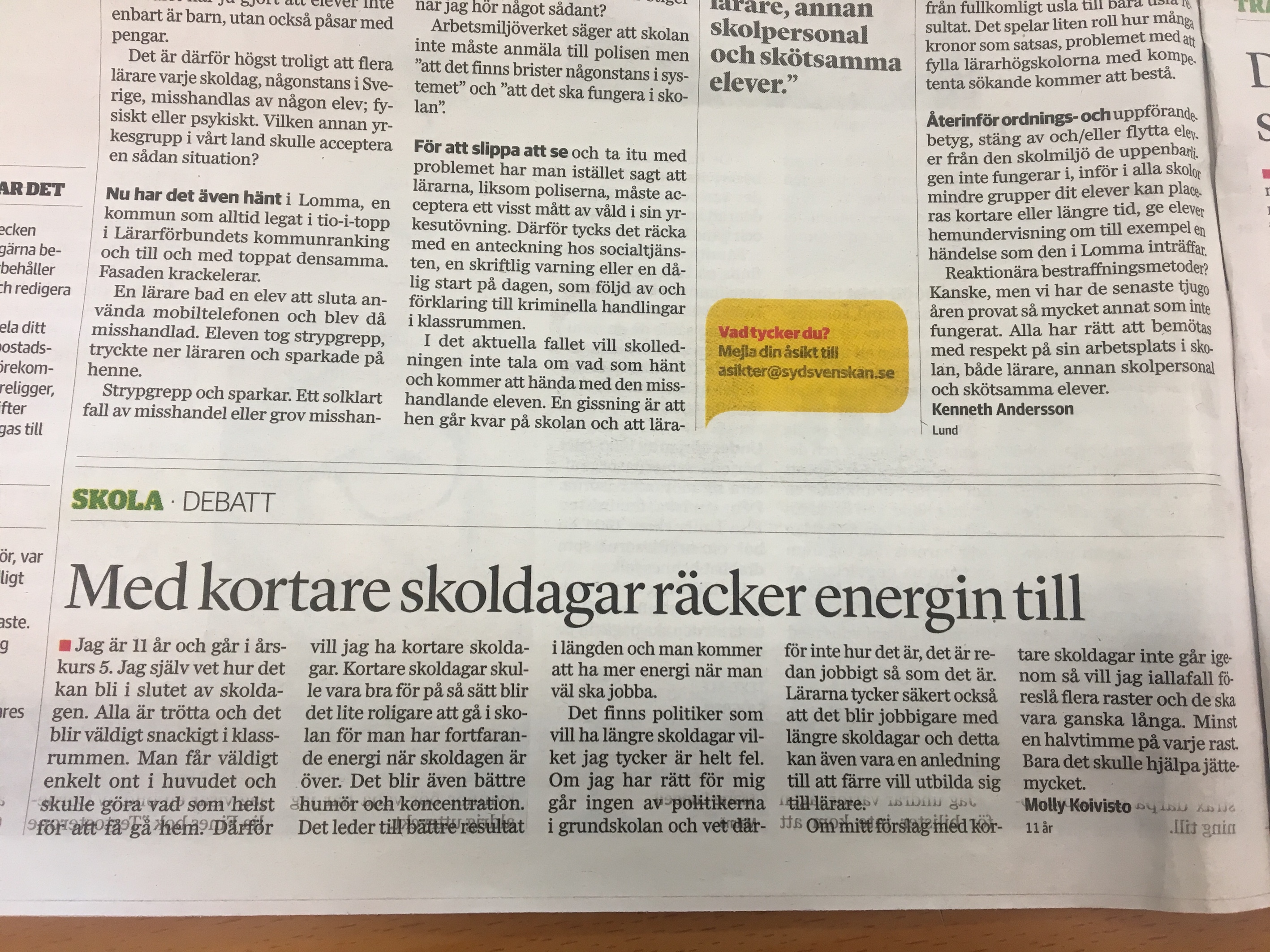 Mollys insändare i Sydsvenskan